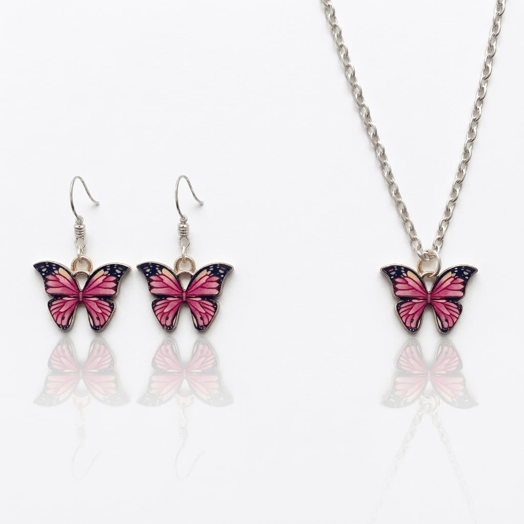 Pink Butterfly Earrings & Necklace