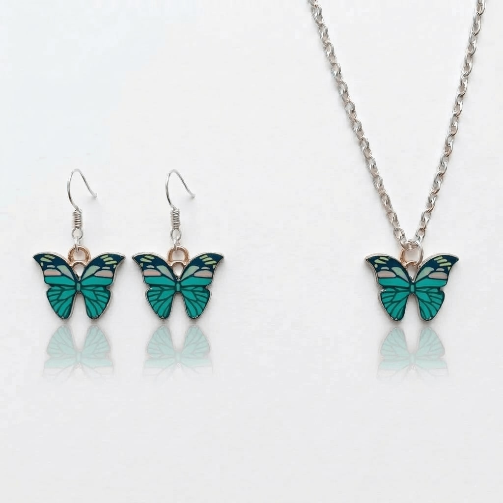 Teal Butterfly Earrings & Necklace