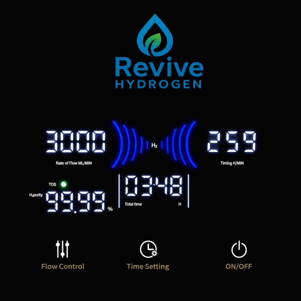 Revive Hydrogen smart display showing flow rate, hydrogen purity, TDS, and session timing
