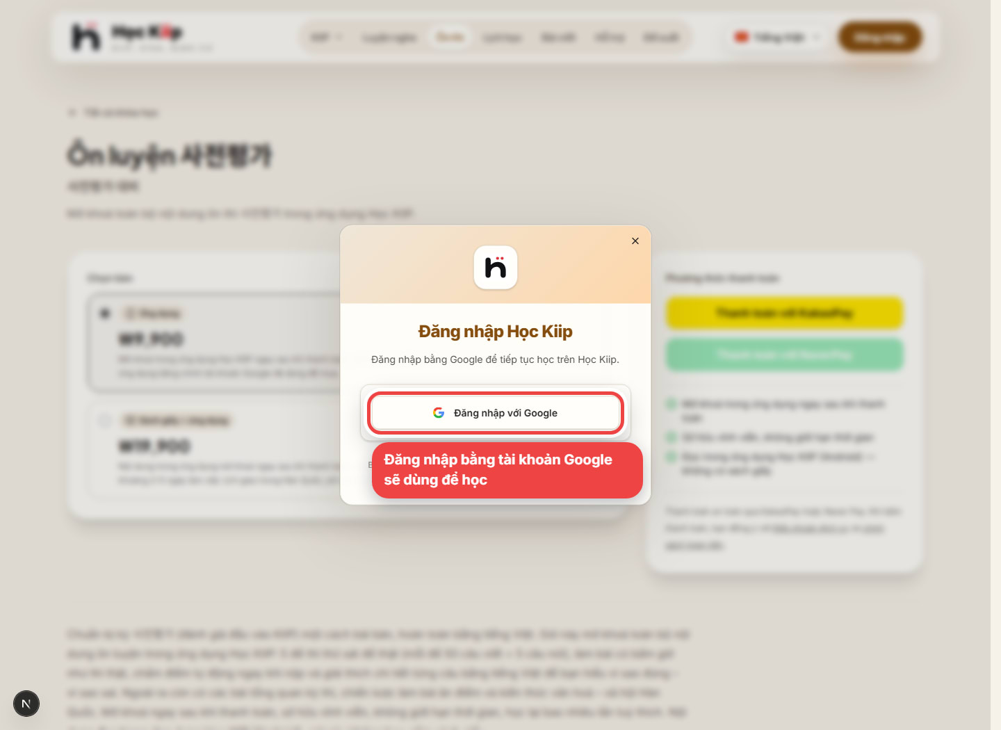 Cửa sổ đăng nhập Học KIIP với nút Đăng nhập với Google