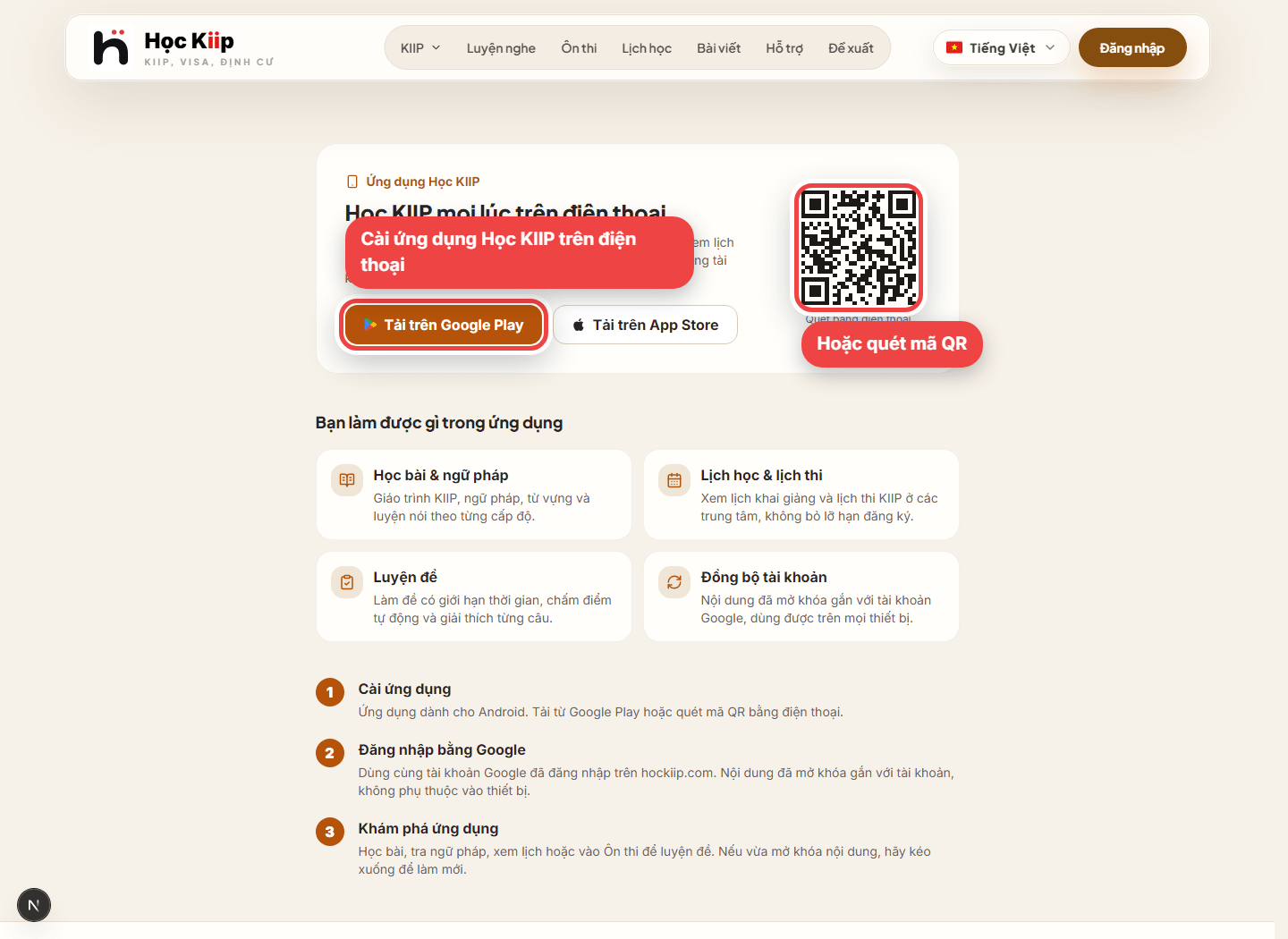 Tải ứng dụng Học KIIP từ Google Play, App Store hoặc quét mã QR