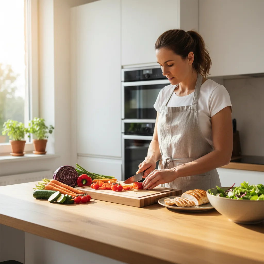 A woman in her early 30s, active and healthy, preparing a colorful, healthy meal in a modern, brightly lit kitchen