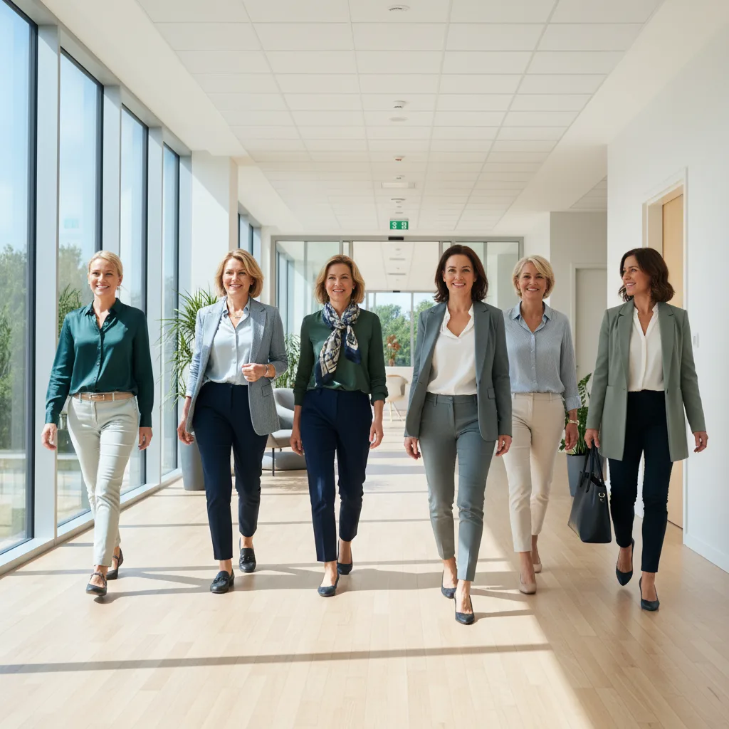 A diverse group of women, mid-30s to 50s, smiling and walking purposefully in a modern, bright hospital corridor