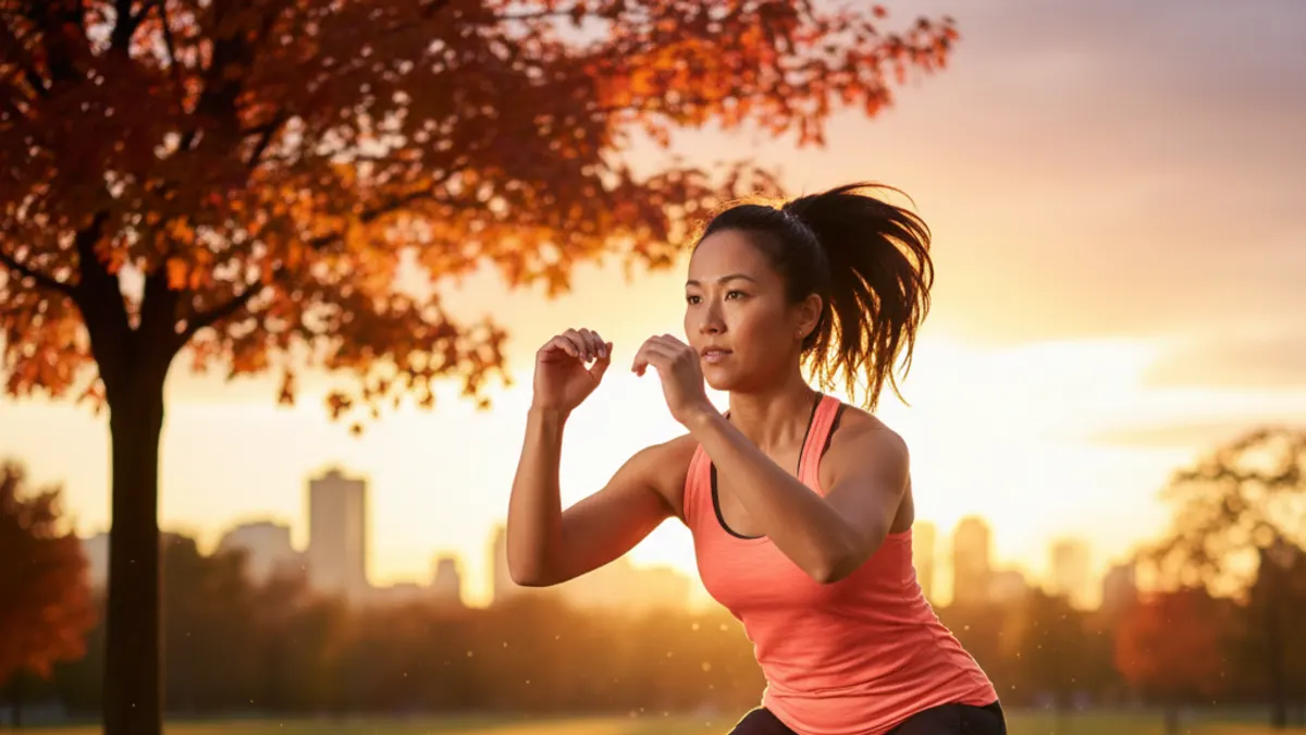 A woman of diverse ethnicity in her 30s or 40s is performing a cardio workout outdoors in a park at sunset