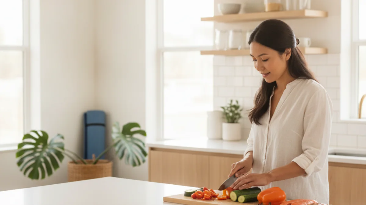 A serene, naturally lit image of a diverse woman in her late 20s to early 40s, thoughtfully preparing a healthy meal with fre