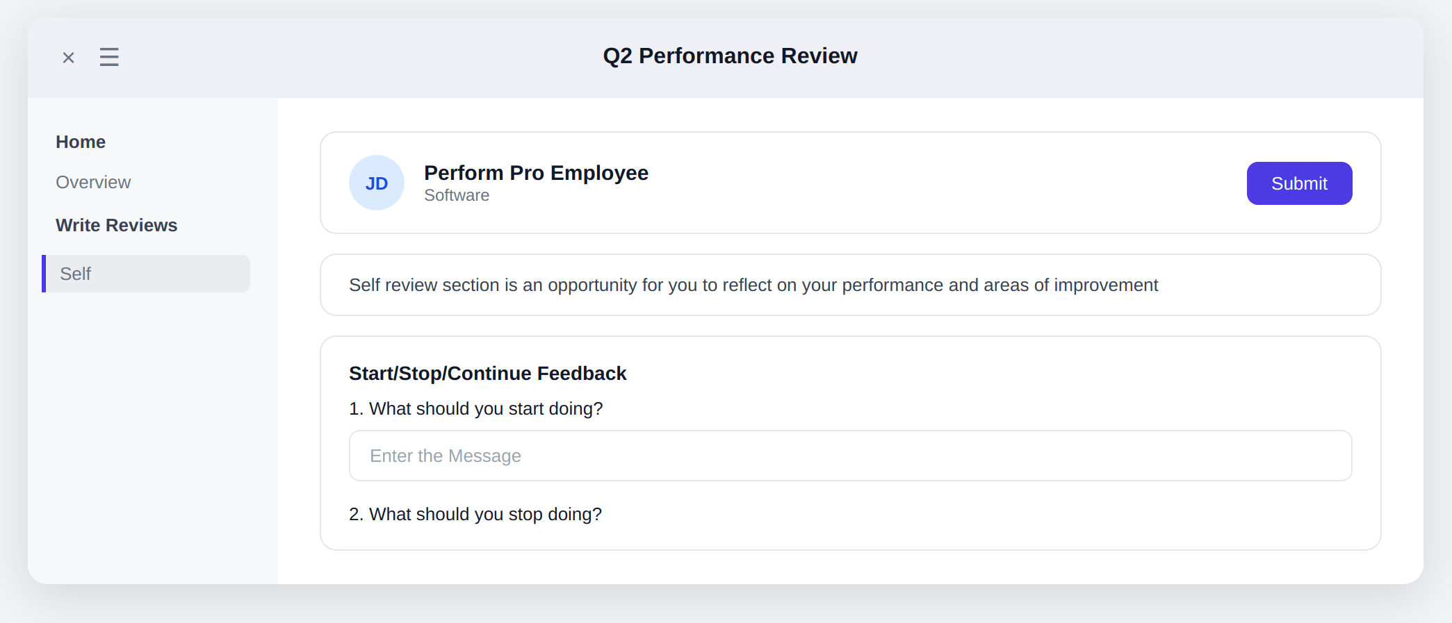 Sprout Perform Pro Self Review Interface