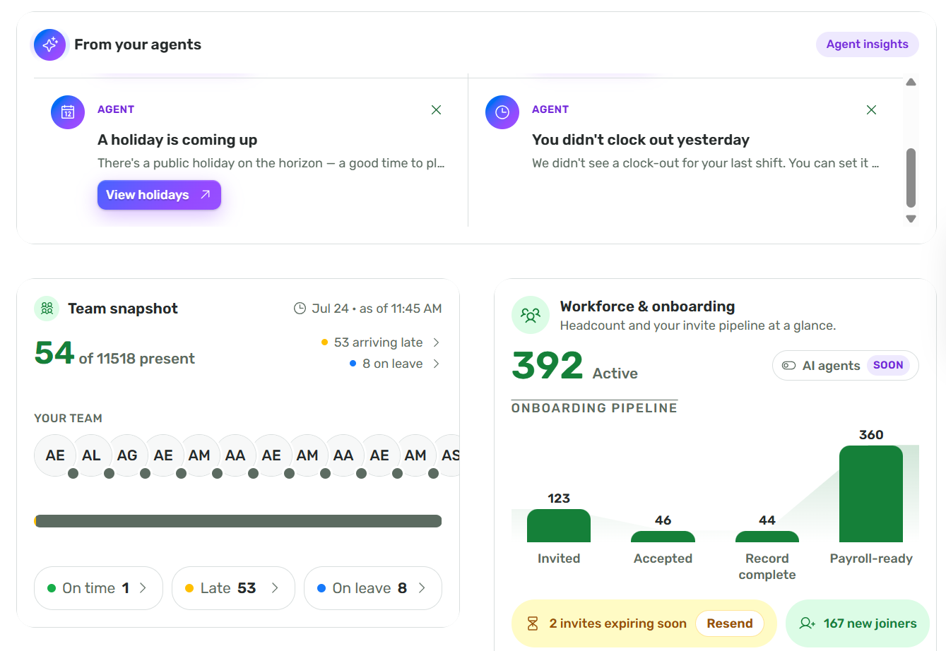 Sprout One AI Morning Brief summarizing approvals, leave balances, and attendance flags
