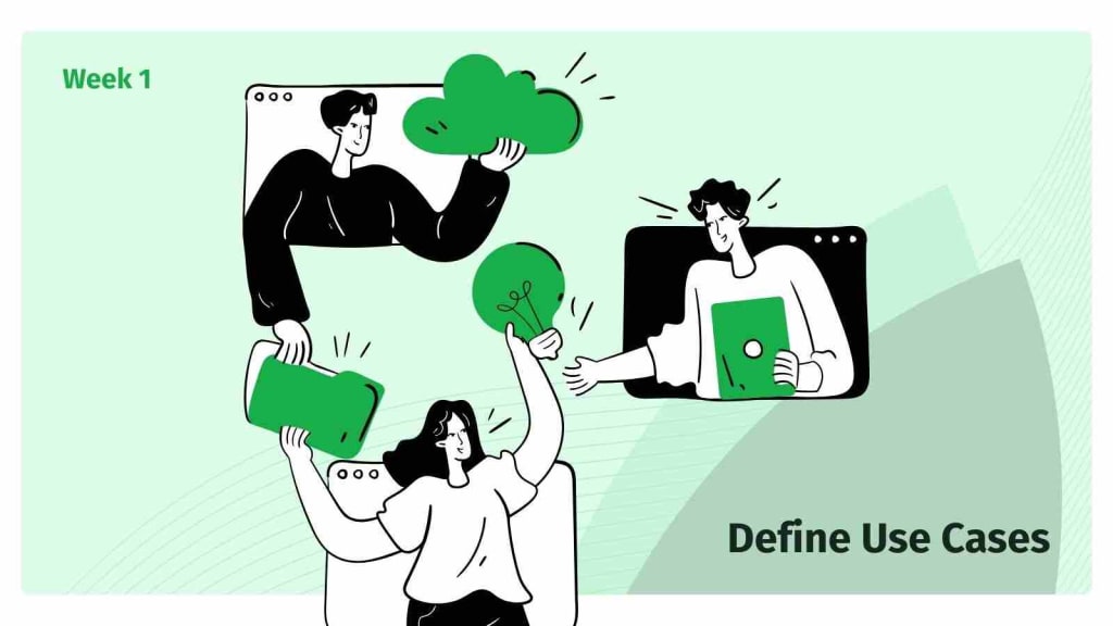 Illustration for Week 1 of the AI implementation roadmap showing team defining use cases and preparing groundwork