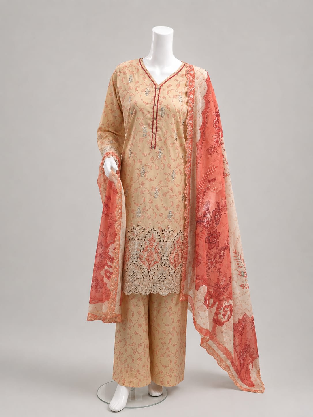 Beige and peach embroidered stitched 3-piece suit