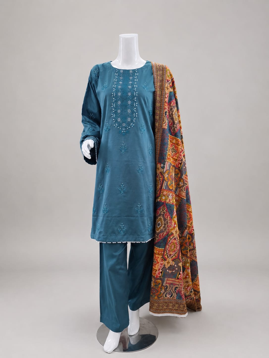 Teal embroidered lawn 3-piece suit
