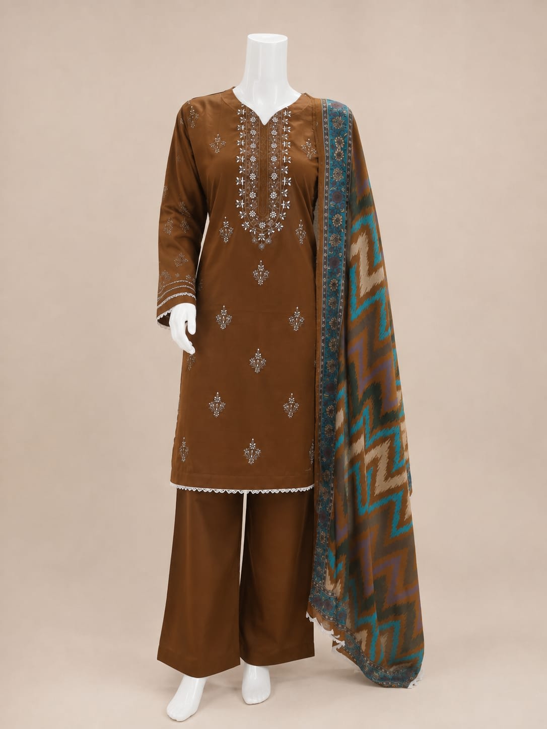 Brown embroidered lawn 3-piece suit