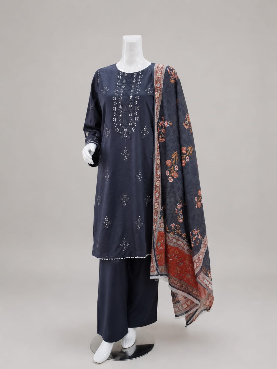 navy blue embroidered 3-piece lawn suit