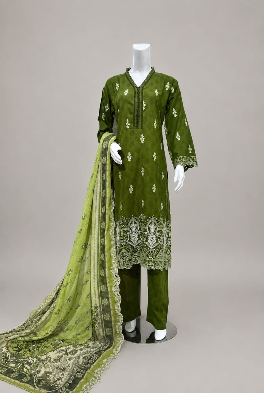 Olive green embroidered lawn 3-piece suit