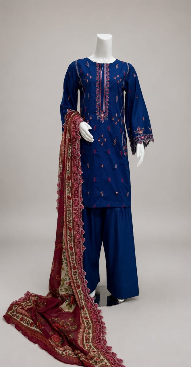 Royal blue embroidered 3-piece lawn suit