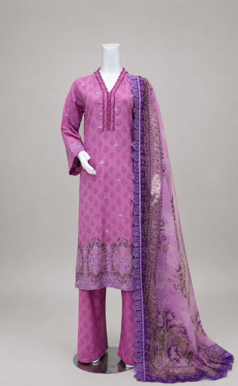 Pink and purple printed lawn 3--piece suit