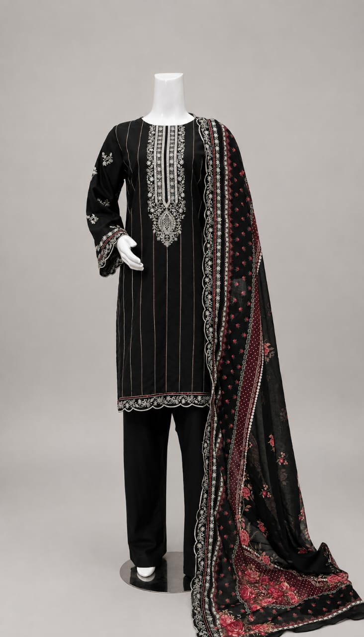 Black embroidered 3-piece lawn suit