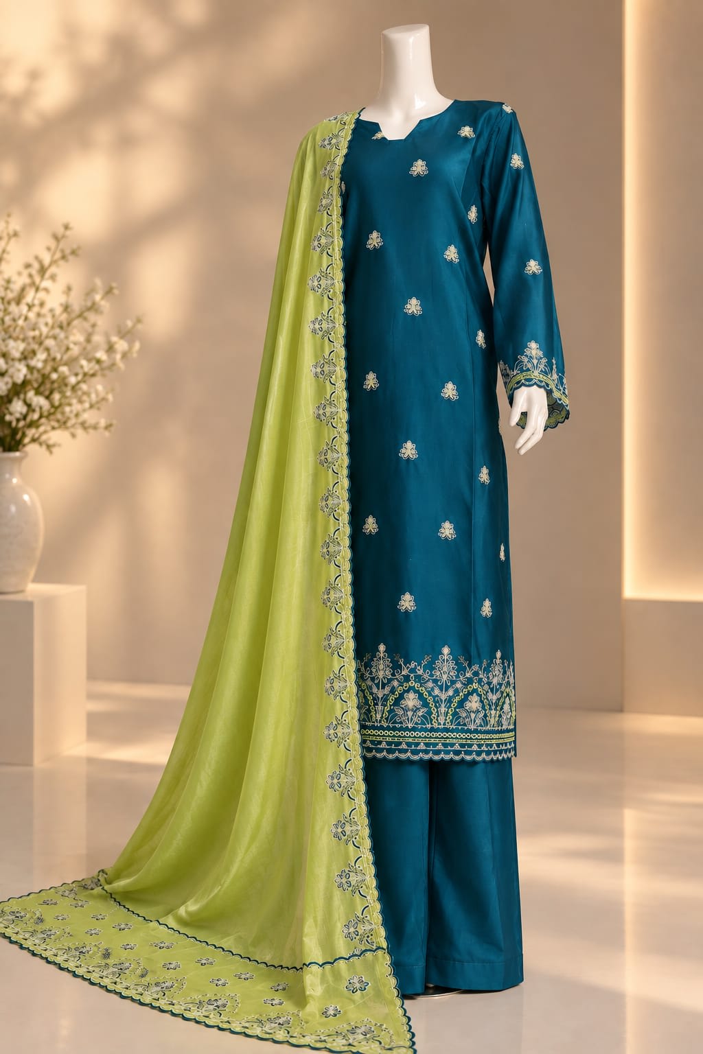 TEAL BLUE- WITH LIME GREEN DUPPATA