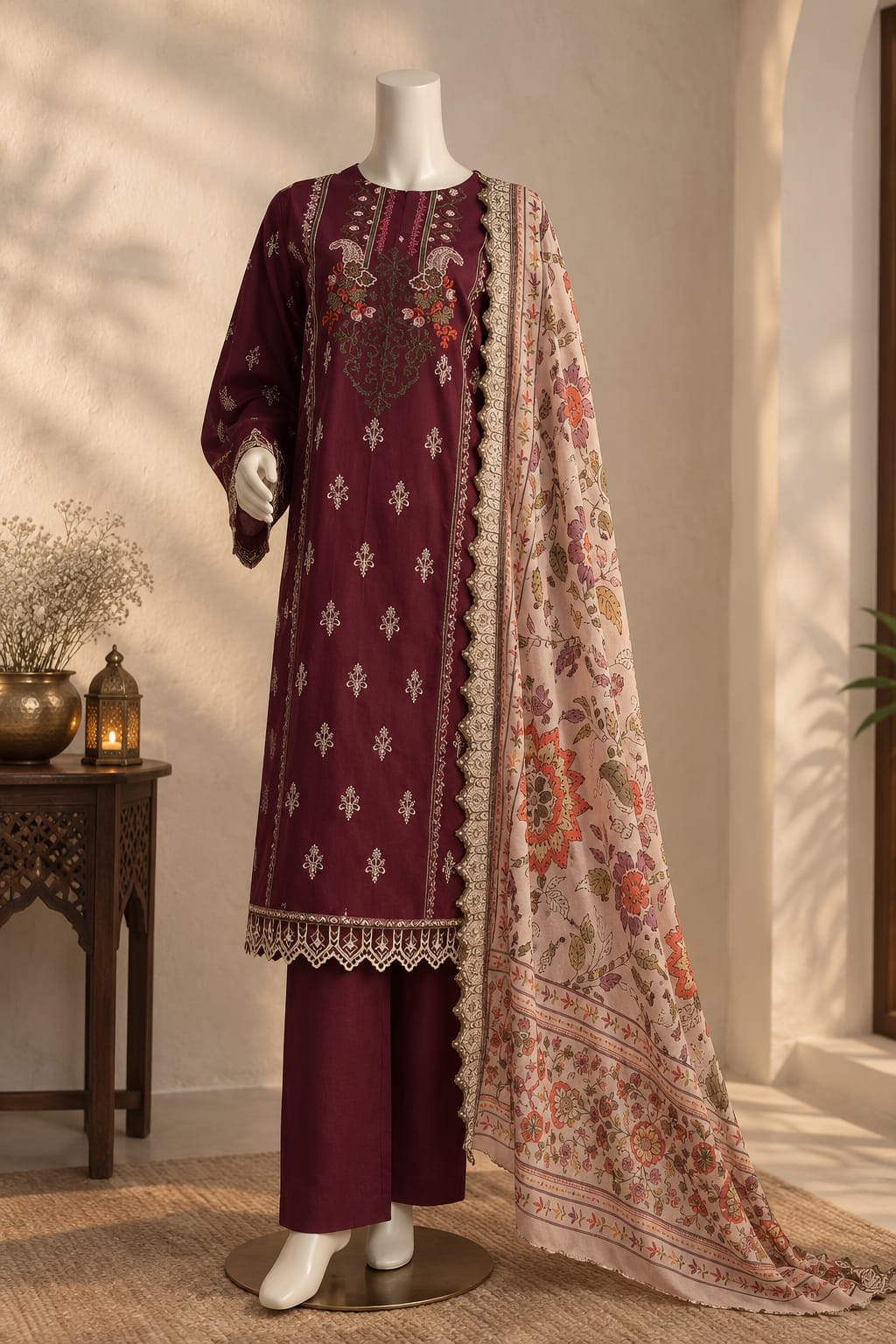 MAROON EMBROIDERED WITH 3-PIECE FLORAL PRINTED DUPPATA