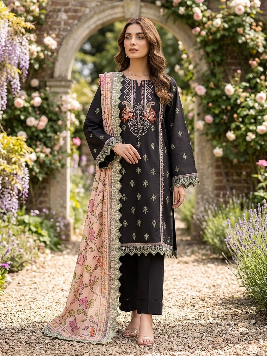 BLACK EMBROIDERD WITH FLORAL PRINTED DUPPATA