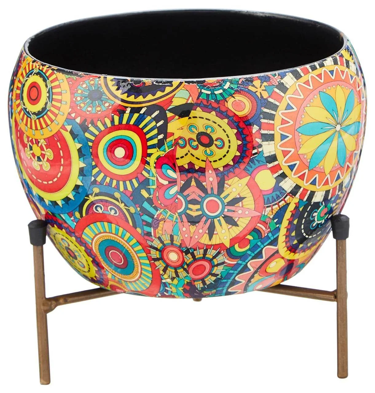 Boho Tribal Pattern Round Metal Planter with Stand - Vibrant Indoor/Outdoor Pot