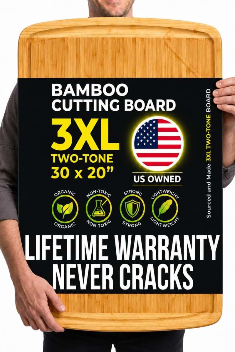 FSC® Certified Organic 30 x 20 Inch Extra Large Bamboo Cutting Board with Lifetime Replacements – 3XL Butcher Block, Oversized Carving & Charcuterie Board, Stovetop Cover for Kitchen Counter e