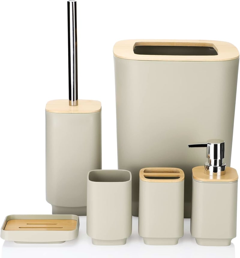 JOTOM Bamboo Bathroom Accessories Set of 6 Modern Design 6 Pieces Bathroom Accessory Set Soap Dispenser Toothbrush Holder Tooth Mug Soap Dish Toilet Brush Rubbish for Bathroom Home Decor (Beige)