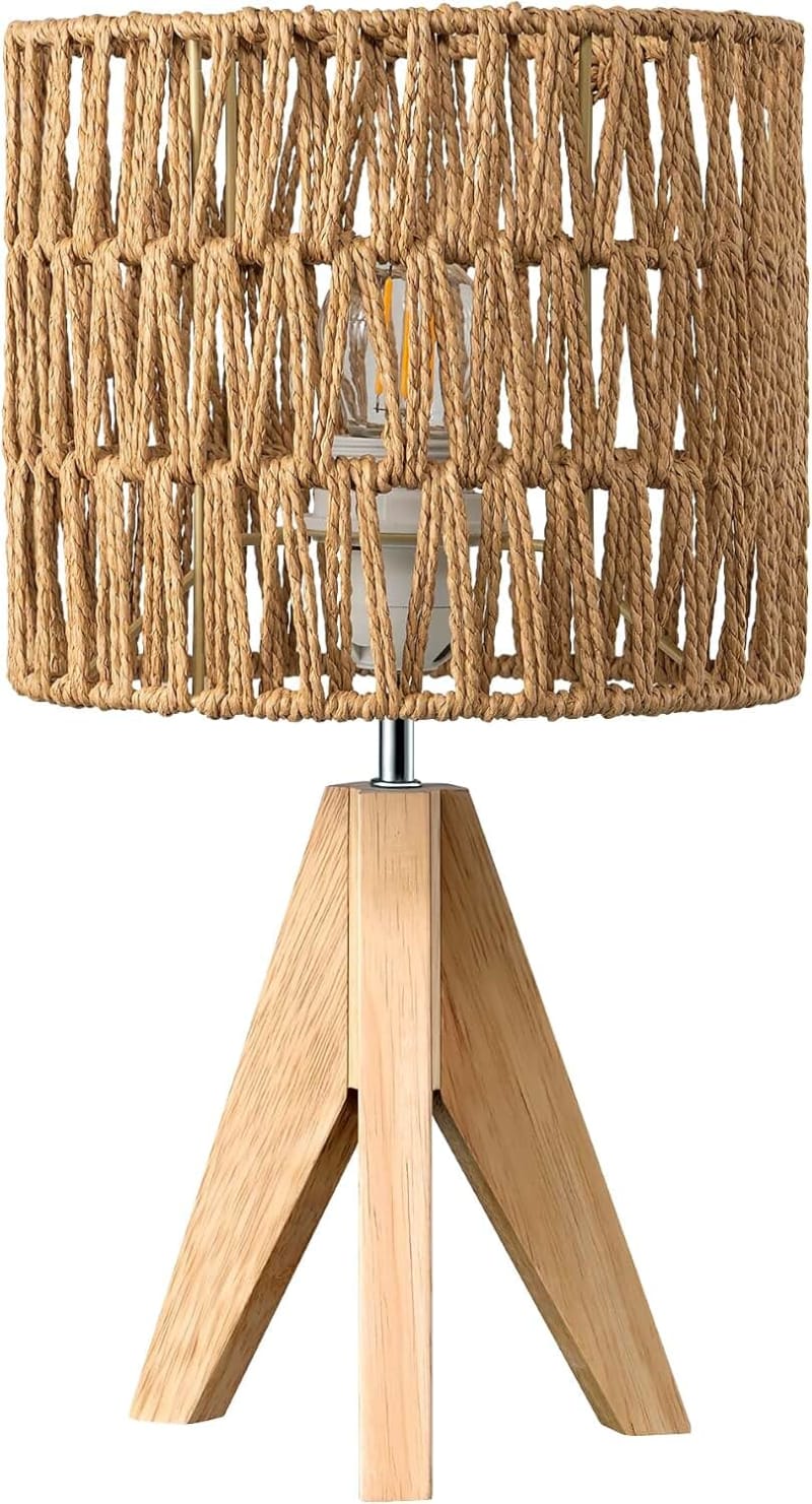 EDISHINE Small Rattan Table Lamp, Rustic Wood Tripod Bedside Lamp, Reticulated Paper Lampshade, Boho Desk Lamp for Living Room, Bedroom, Office, LED Bulb Included, E27 Base
