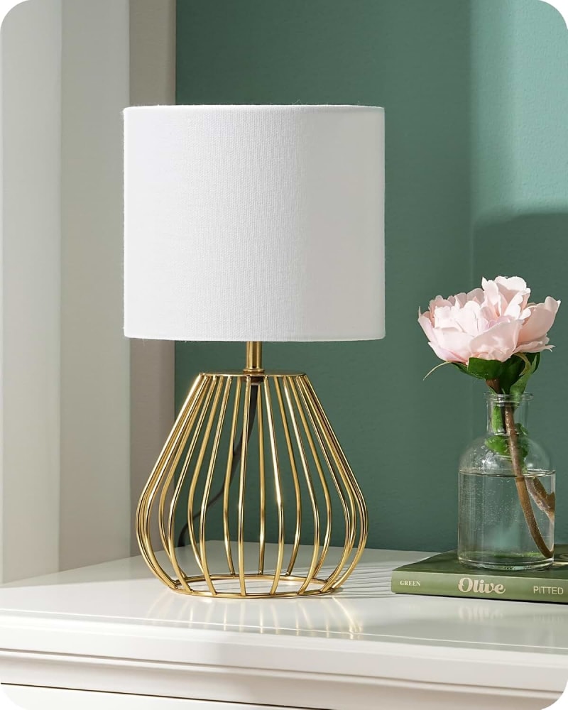 EDISHINE Bedside Lamp, Table Lamp with Metal Cage Base & Linen Lampshade, Modern Lamps for Living Room Bedroom, E14 Socket (Bulb Included), Teardrop Cage, Gold