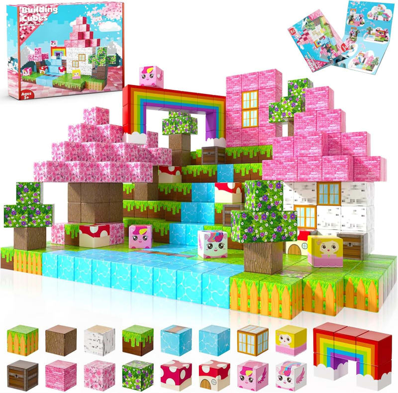 Annexfun Magnetic Blocks - 100PCS Building Blocks Unicorn Cubes - Toys for Montessori Toddler Christmas Birthday Gifts - STEM Sensory Toys for 3 4 9 10 Year Old Girl