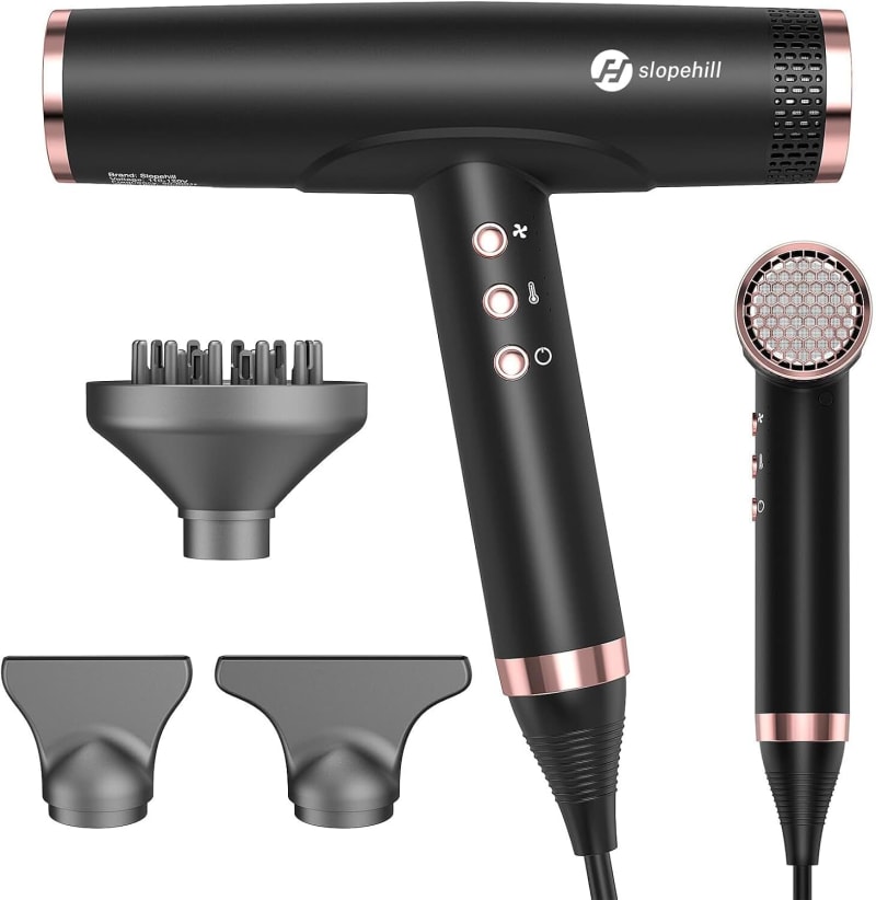 slopehill Professional Ionic Hair Dryer with Diffuser - Lightweight, Compact, Powerful & Fast Salon Blow Dryer with High Speed Brushless Motor for Travel, Women & Men Ceramic, Black LH1003