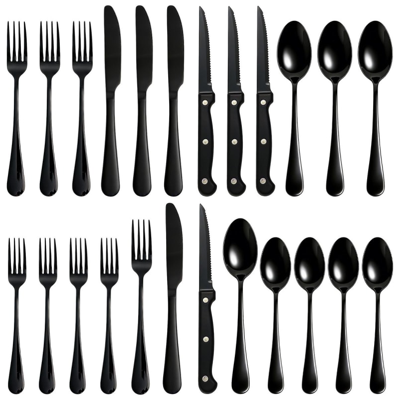 Cutlery Set Stainless Steel Black with Steak Knives for Home Dining - 24pc