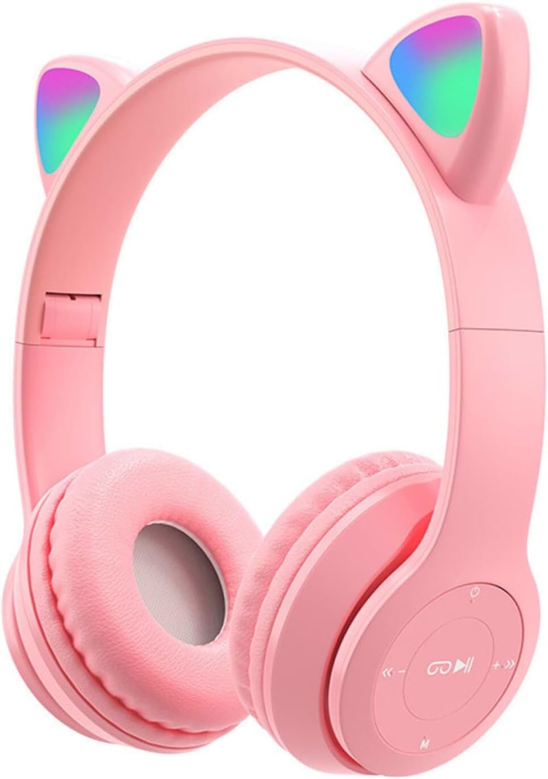 SANON Wireless Headphones Over Ear Bluetooth Hi-Fi Stereo Foladable Headphone Cat Ear Game Headset with LED Light Pink