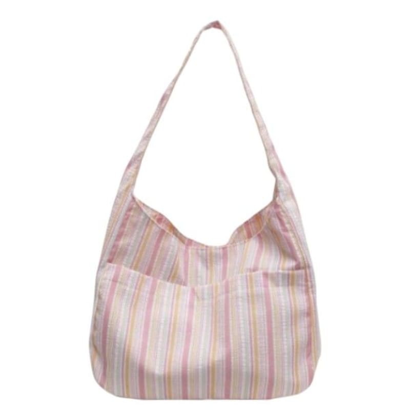 Collegiate Striped Canvas Tote Shoulder Bag - Pink