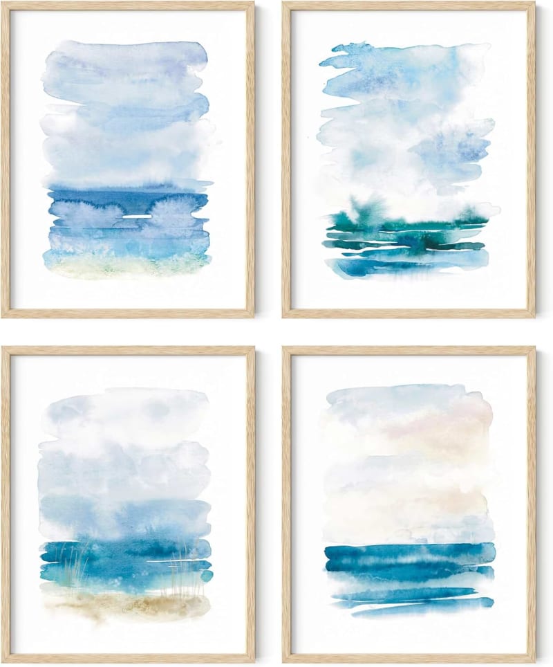 HAUS AND HUES Beach Poster Abstract Painting Set of 4 - Nature Posters, Beach Art, Ocean Poster, Posters of Beach Scenes, Blue Posters for Room Aesthetic, Blue Watercolor Art (Unframed, 11x14)