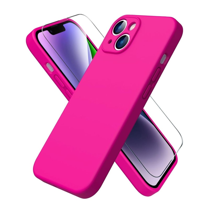 Silicone Case & Screen Protector Compatible With iPhone 13&14-Neon Pink
