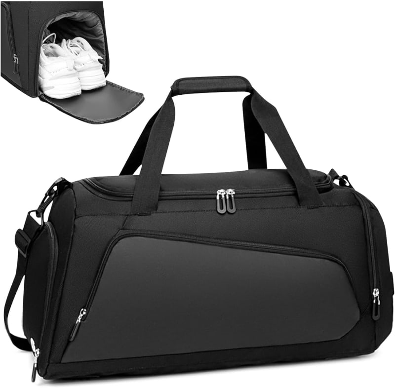 Waterproof Gym Bag Duffle Bag with Wet Pockets and Shoe Compartment, Foldable Overnight Weekend Bags for Women Man, Durable Sports Holdall Bags for Sports and Travel (Black, 40L)