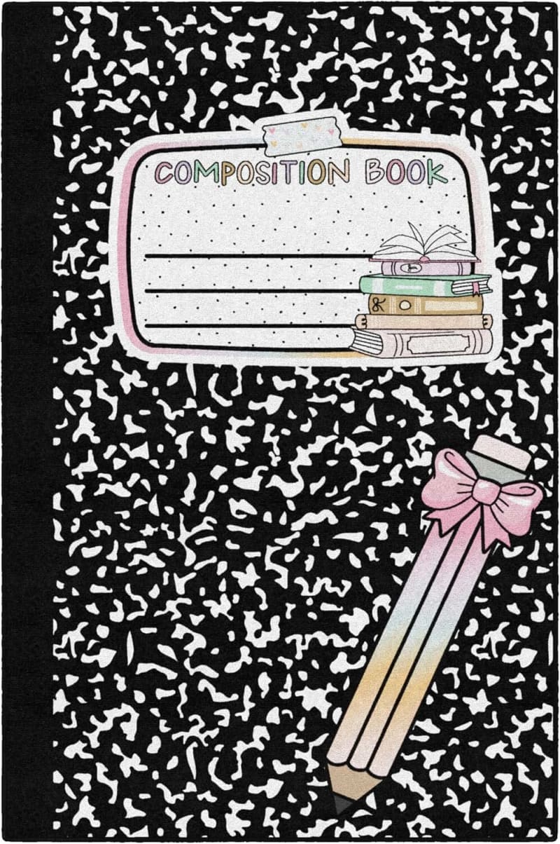 Flagship Carpets Book Club Composition Notebook With Bow Pencil Educational Area Rug for Kids Room, Children's Classroom Rug for Teaching and Playroom, 5' X 7'6"