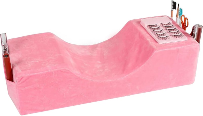 Comfortable Eyelash Extension Pillow Memory Foam Neck Pillow,Beauty Salon Eyelash Pillows with Velvet Cover Curved Lash Pillow with Neck Support（Pink）