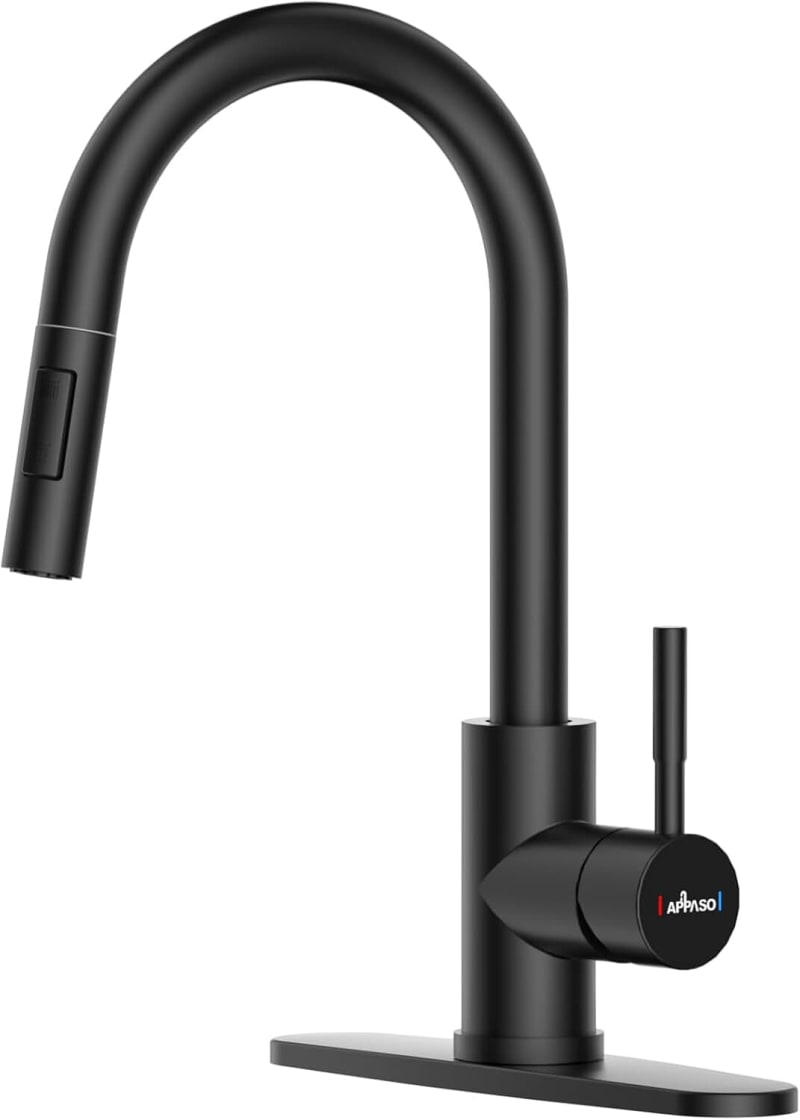 APPASO Swan-Neck Modern Kitchen Faucet with Pull Down Sprayer Matte Black | NSF/ANSI/CAN 372 & Lead-free, Single-Handle Faucet Optional Deck Plate, cUPC-Certified Pull-Out Hose, Water Supplies & Valve