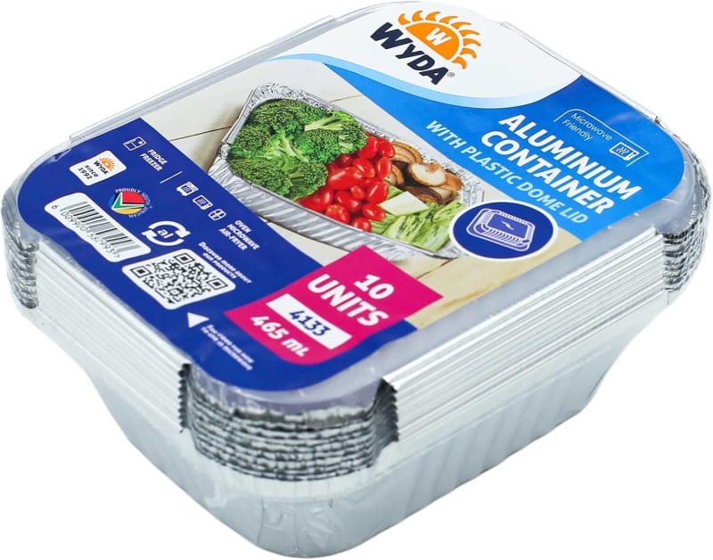 WYDA 4133PS | Aluminium Foil Containers with Plastic Dome Lids, 465ml, Pack of 10 | Food-Safe Disposable Trays for Meal Prep, Takeaways, Baking, Storage & Catering