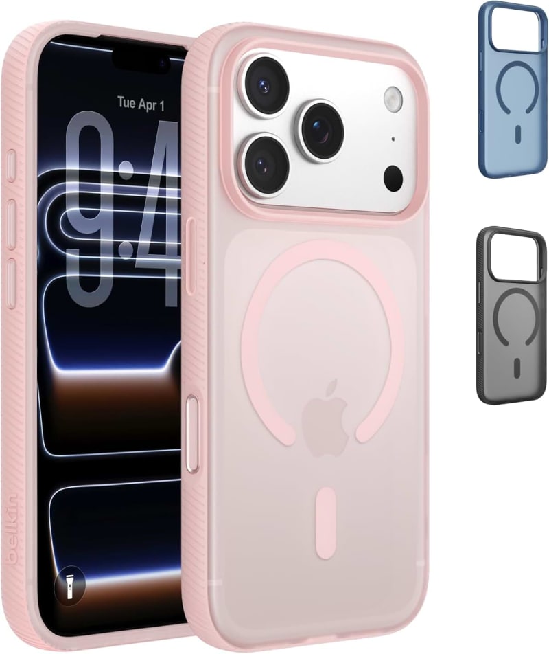 Belkin SheerForce Grip MagSafe Compatible iPhone 17 Pro Case with Slim Design & Anti-Slip Side Lines - Magnetic, Transparent, & Shockproof Protective iPhone Case - Pink