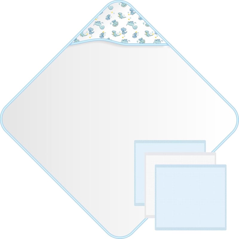 Squiggle Dino Baby Bath Time Gift Set with Hooded Towel and 3 Face Cloths
