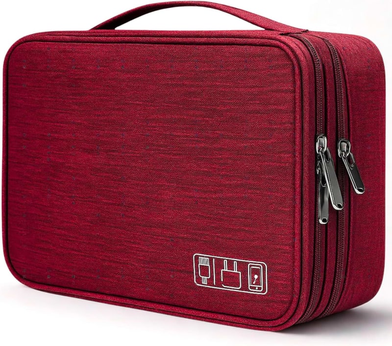LITH Travel Cable Organizer Bag – Double Layer Electronics Storage Case for Chargers, Cords, SD Cards & Accessories | Waterproof Tech Organizer Pouch for Travel & Home (Red)
