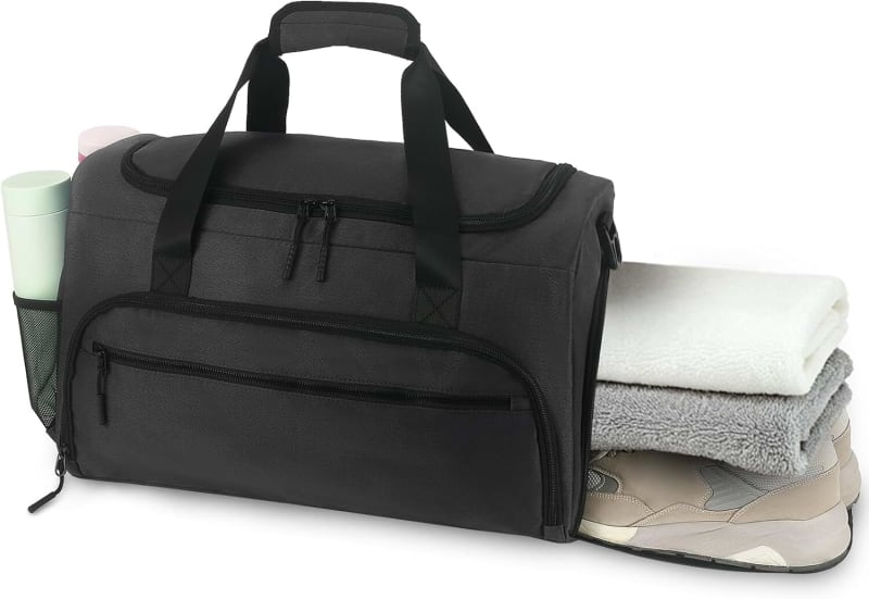 Gym Bag for Men Women, Small Fitness Workout Sports Bag with Wet Pocket & Shoes Compartment, Water Resistant Overnight Weekender Duffel Bag, Black, ONE SIZE, Simple and Practical