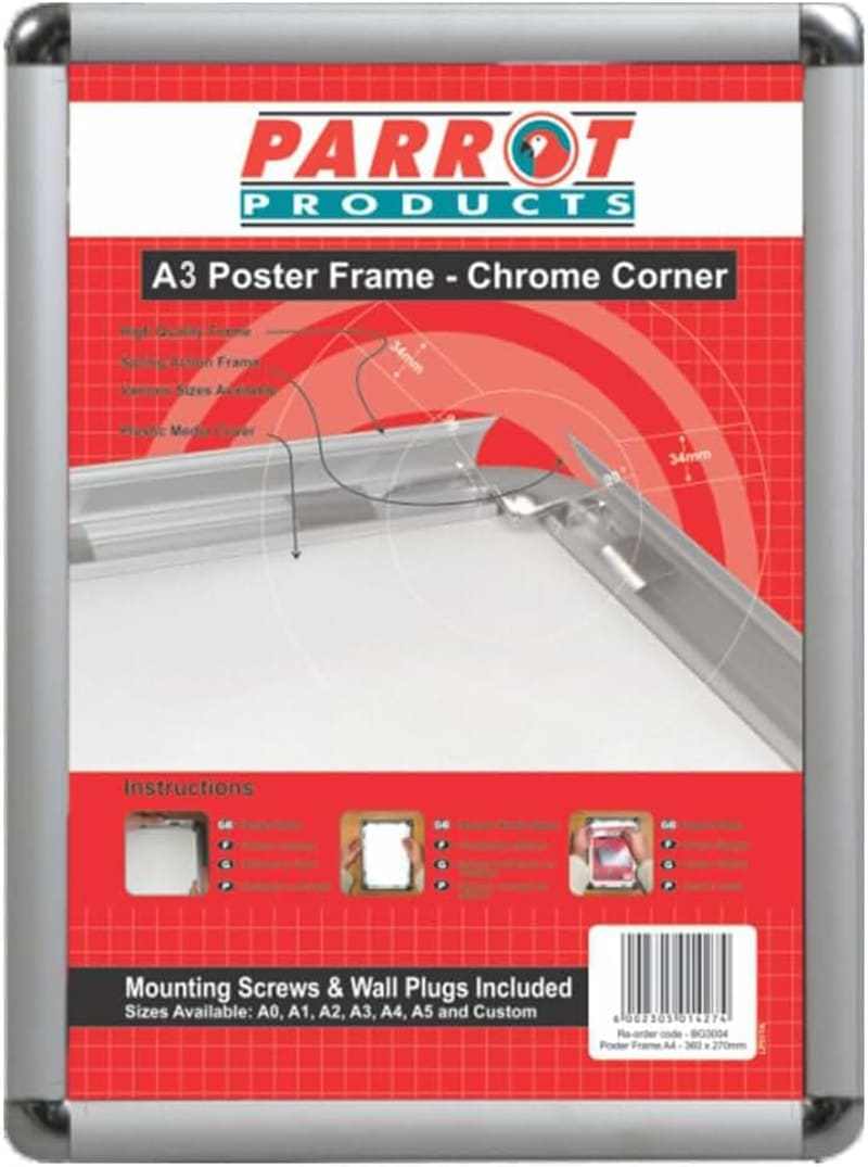 Parrot Products A3 Chrome Corner Poster Frame, White, 450 mm x 330 mm Size