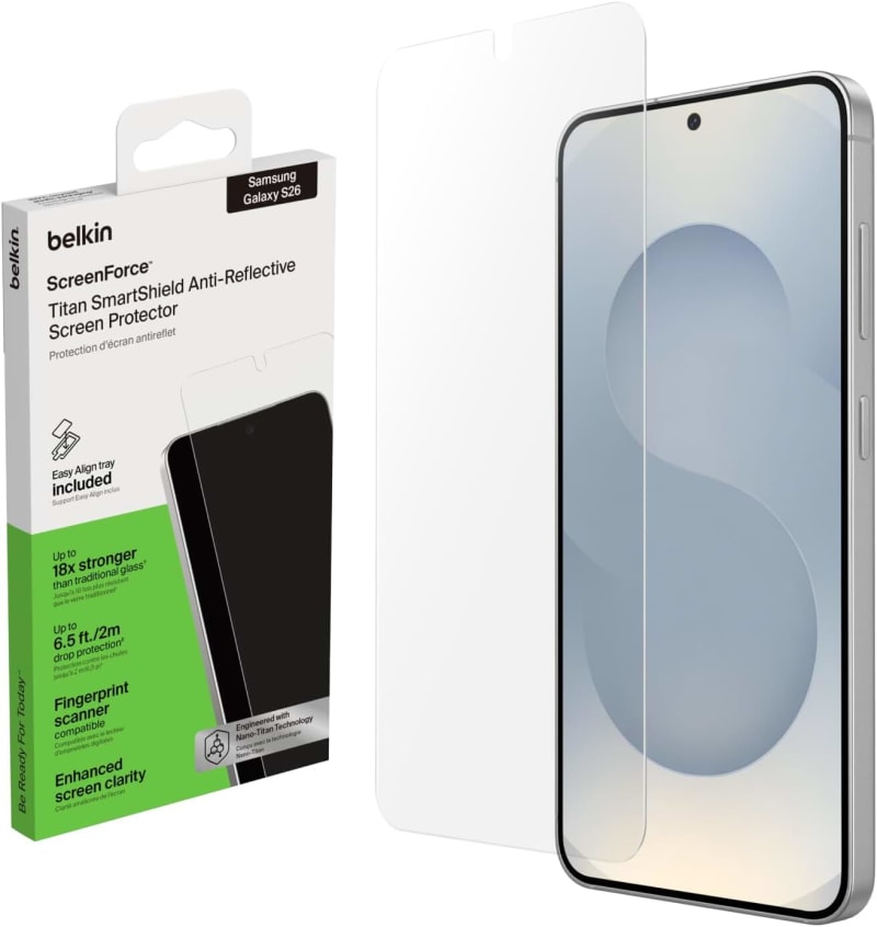Belkin ScreenForce Titan SmartShield Anti-Reflective Samsung Galaxy S26 Screen Protector, Scratch Resistant Impact Protection, Anti-Fingerprint, Ultra-Thin with Easy Align Tray for Application