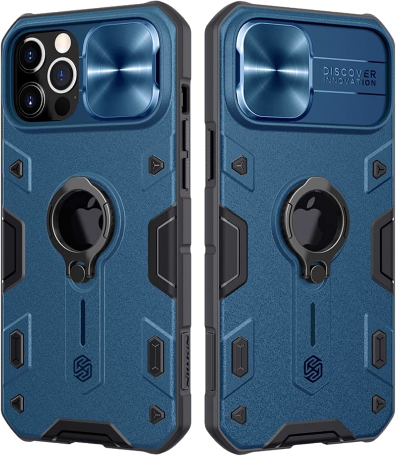 CloudValley for iPhone 12 Pro Max Case with Camera Cover & Kickstand, Slide Lens Protection + 360° Rotate Ring Stand, Impact-Resistant, Shockproof, Protective Bumper, Blue Armor Style