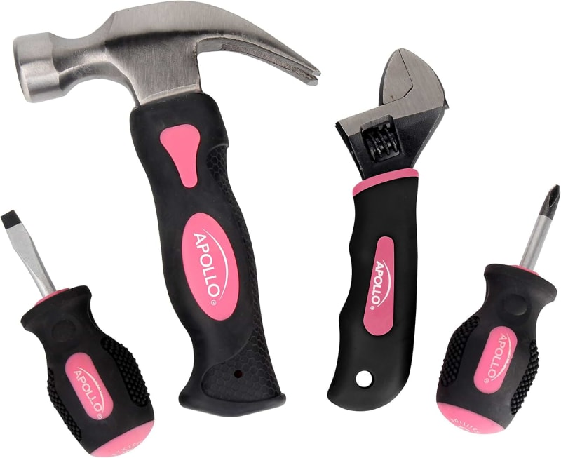 Apollo Tools 4 Piece Stubby Tool Set for Small Hands and Tight es. Convenient, Compact Small Tool Set includes Mini Hammer, Mini Screwdriver Set, Mini Wrench - Pink Ribbon - Pink - DT0240P