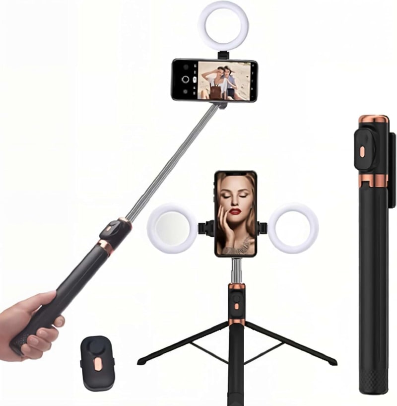 Selfie Stick Tripod with 2 LED Ring Light, Extendable Phone Holder Stand, Wireless Remote, Black and Rose Gold