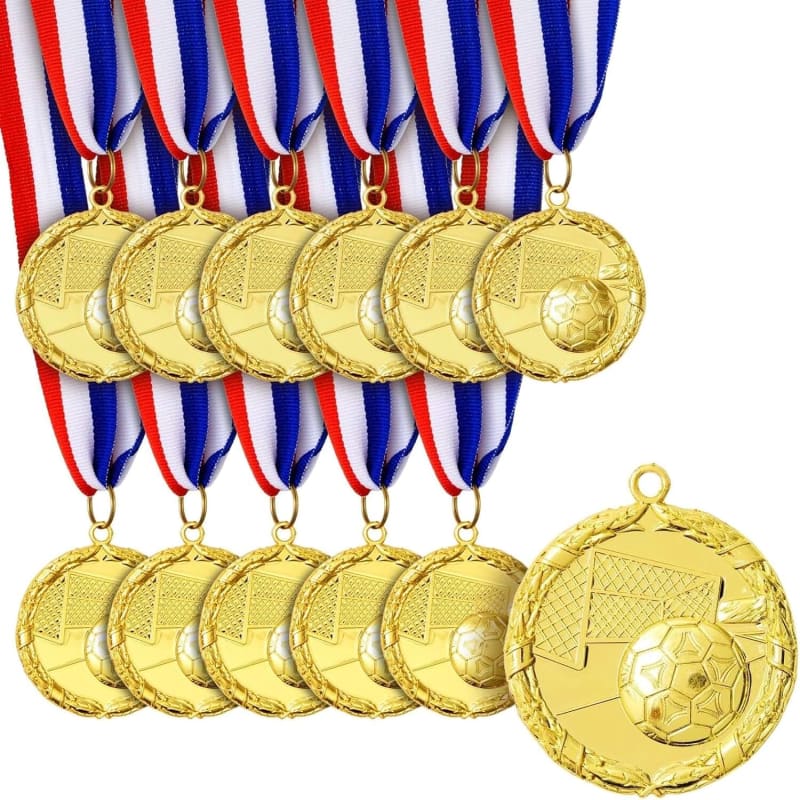 Juvale 12 Pack Soccer Award Medals for Kids and Adults - Team Participation Trophies with Red, White, and Blue Striped 15.5" Ribbon, Sports Themed Futbol Party Favors (2 in, Metal, Gold)